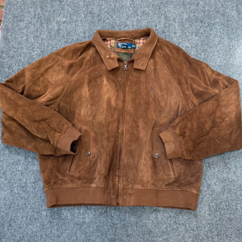 Polo Ralph Lauren Brown Suede Harrington Jacket Plaid Lined XL Full Zip Vintage